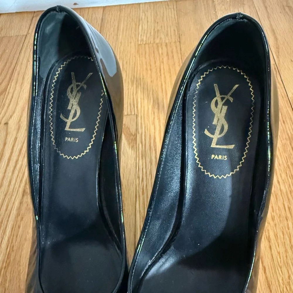 Yves Saint Laurent 7.5 Black Patent Leather Peep Toe Pumps classy, formal, YSL - Picture 6 of 13